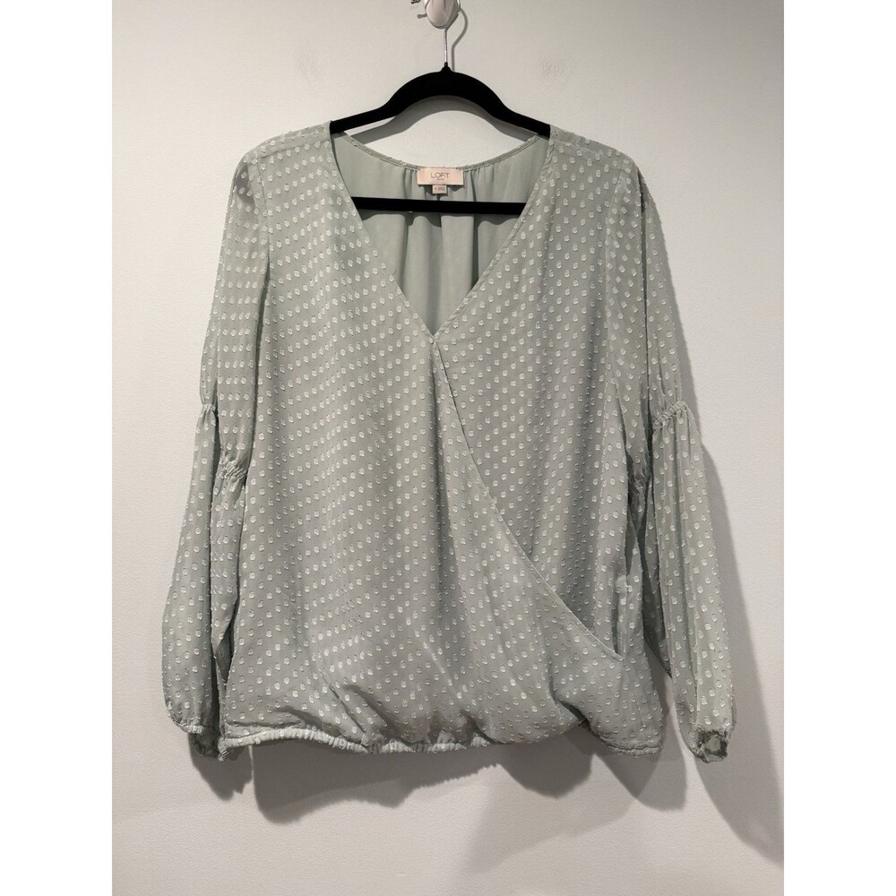 Loft Top Womens Medium Mint Green Swiss Dot Polka Dot Faux Wrap Work Office